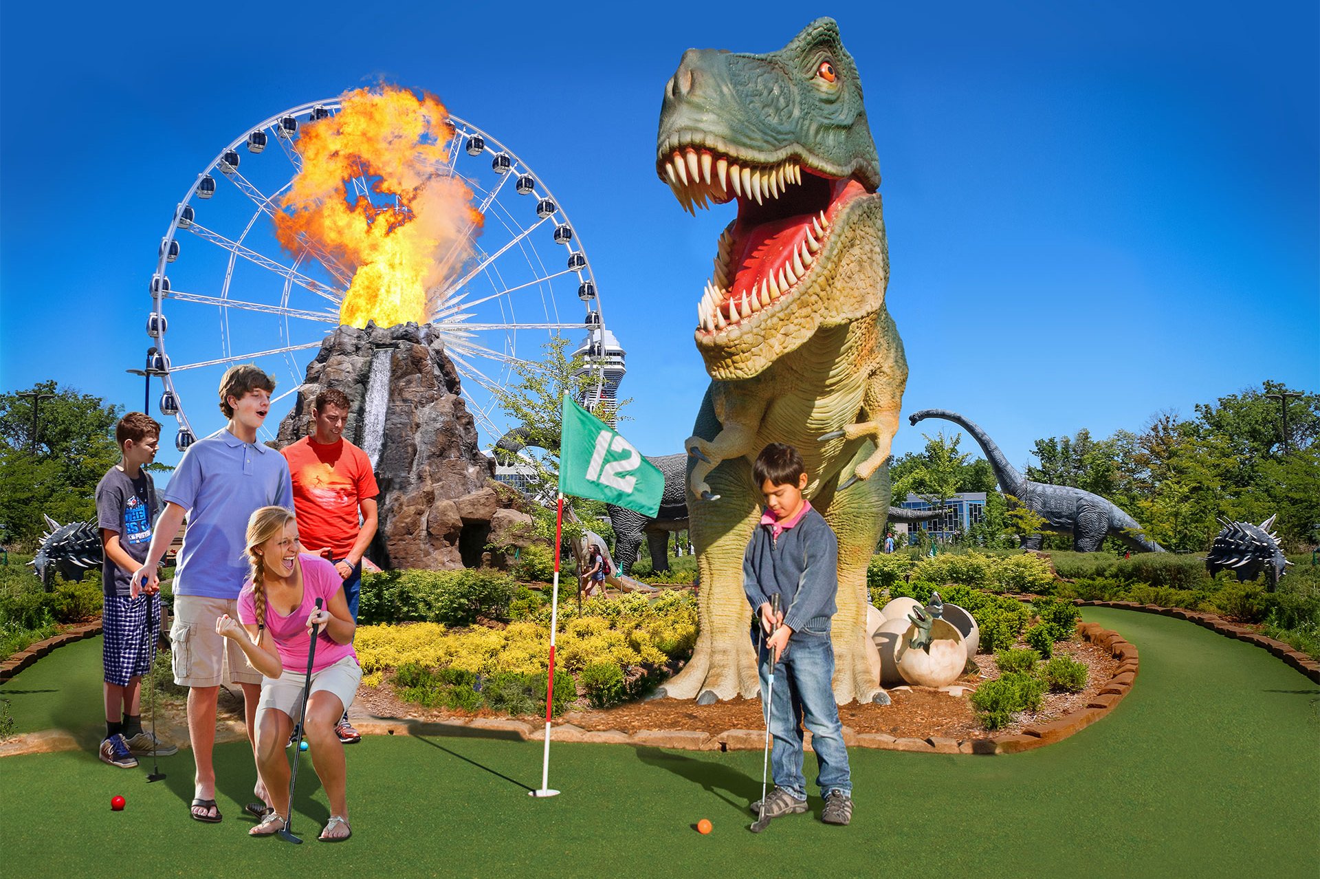 Mini Golf Players Putting In Front Of A T-Rex