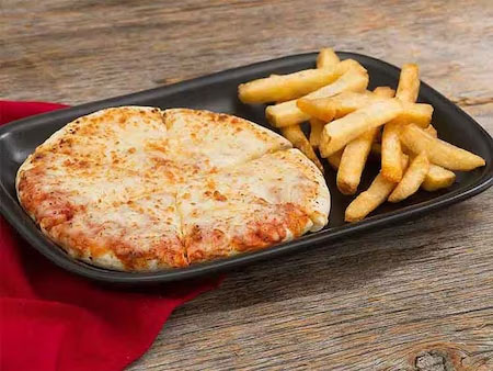 kids cheese pizzaJust cheese please! Tomato sauce and cheese on a mini pizza, plus any side you'd like. Also comes with a drink and a chocolate or vanilla push pop! 