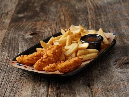 kids chicken fingersBet you love chicken fingers! Get three fresh and crispy chicken fingers served with your choice of dipping sauce and a side.