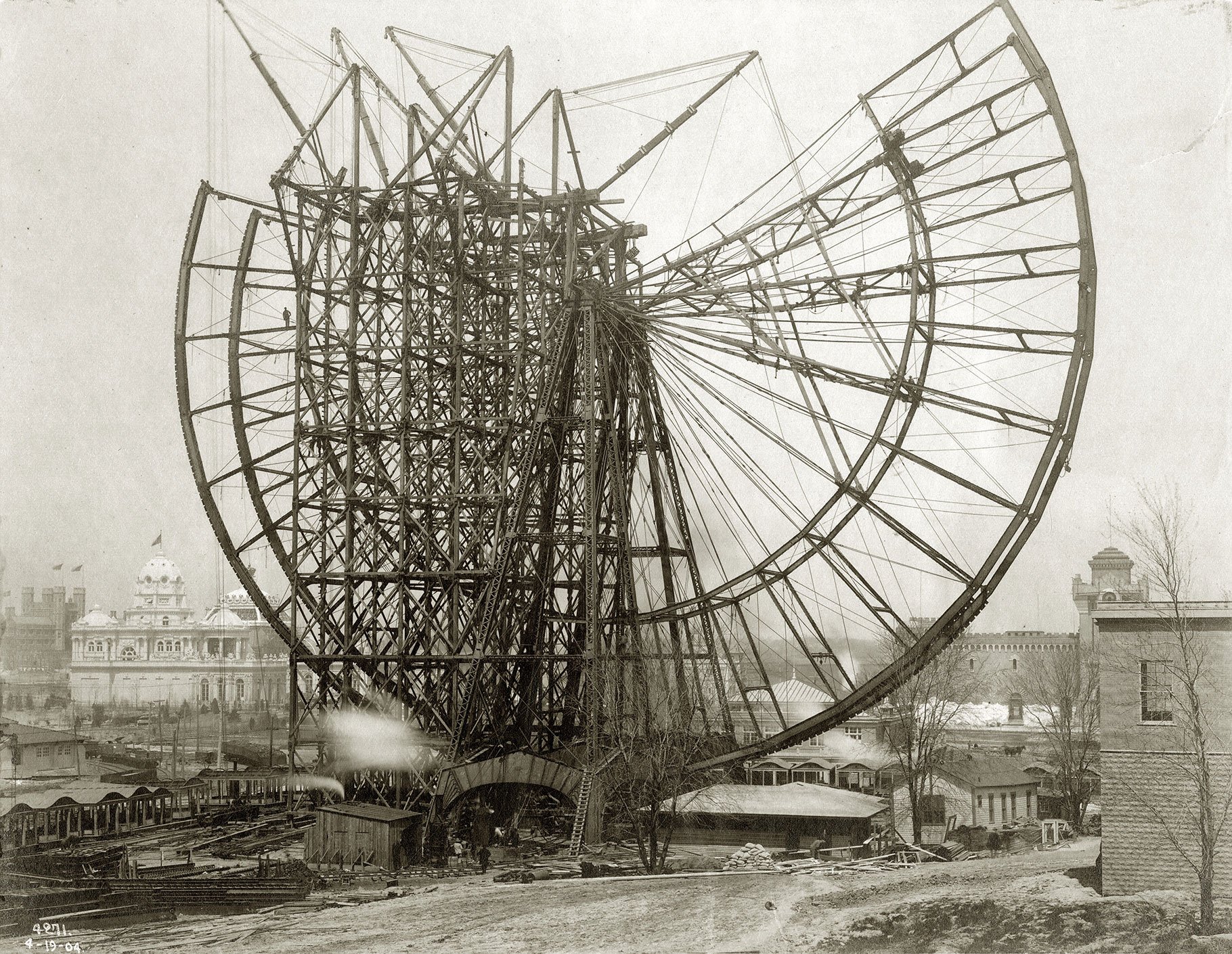 Construction of the Ferris Wheel at the 1904 World's Fair, 19 April 1904