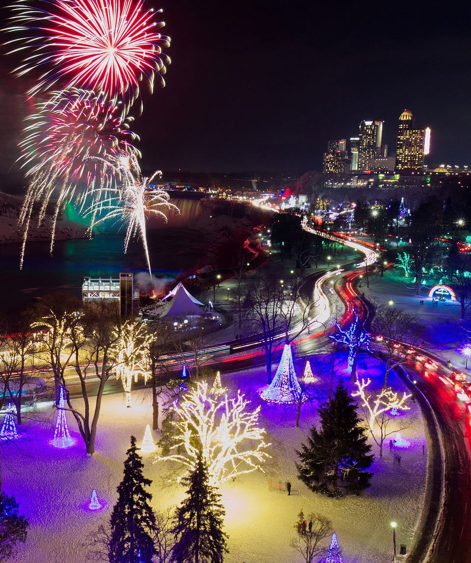 Festival of Lights aerial with fireworks going off.