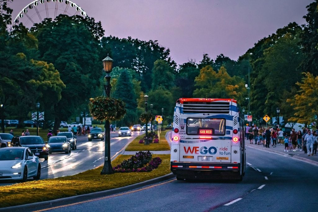 Wego Bus in Niagara Falls on the Niagara Parkway at dusk