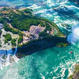 Aerial view of Niagara falls, Canada with Goat Island in between the Falls