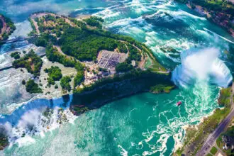 Aerial view of Niagara falls, Canada with Goat Island in between the Falls