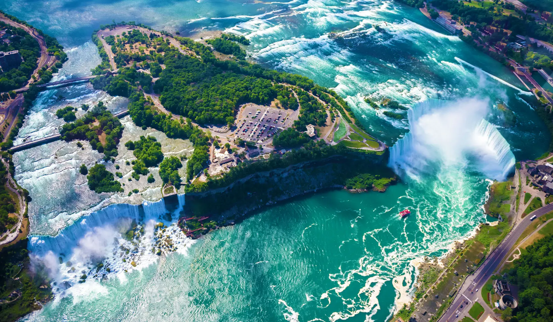 Aerial view of Niagara falls, Canada with Goat Island in between the Falls