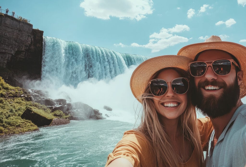 Happy tourist couple enjoying the view to Niagara Falls during romantic vacation. People looking to nature landscape at sunset time.