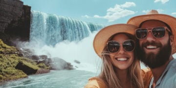 Happy tourist couple enjoying the view to Niagara Falls during romantic vacation. People looking to nature landscape at sunset time.
