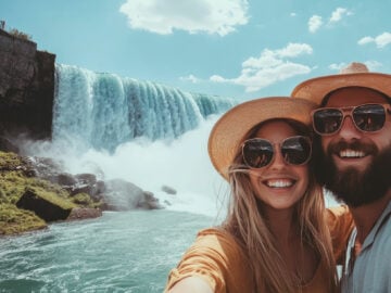 Happy tourist couple enjoying the view to Niagara Falls during romantic vacation. People looking to nature landscape at sunset time.