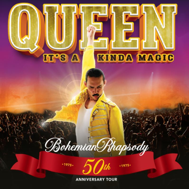 Queen, Its a Kinda Magic promotional poster with a man in a yellow jacket