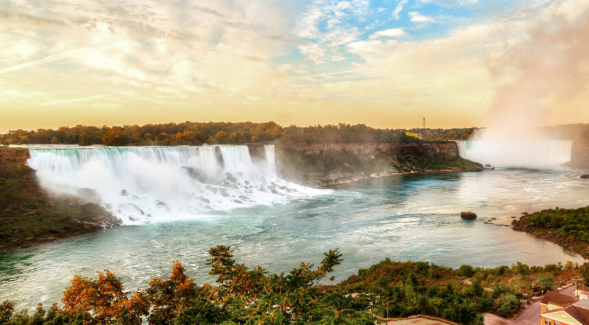 Panorama Sunrise Over Niagara Falls at US and Canada Border