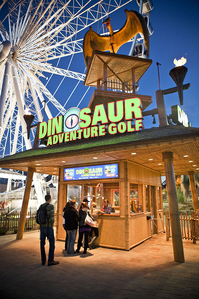 Dino Adventure Golf Ticket Booth at Night