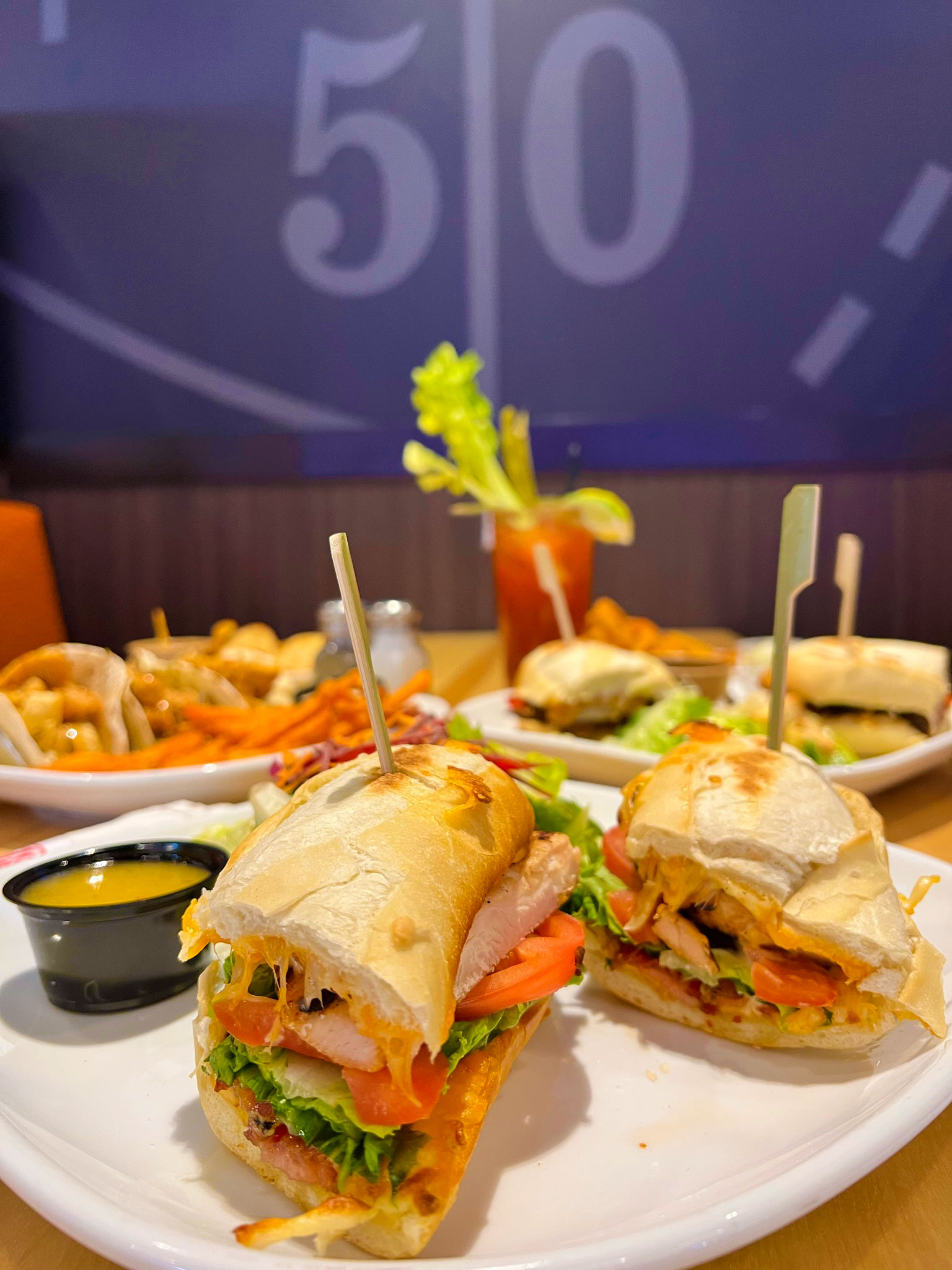 Close up of boston pizza food items on table