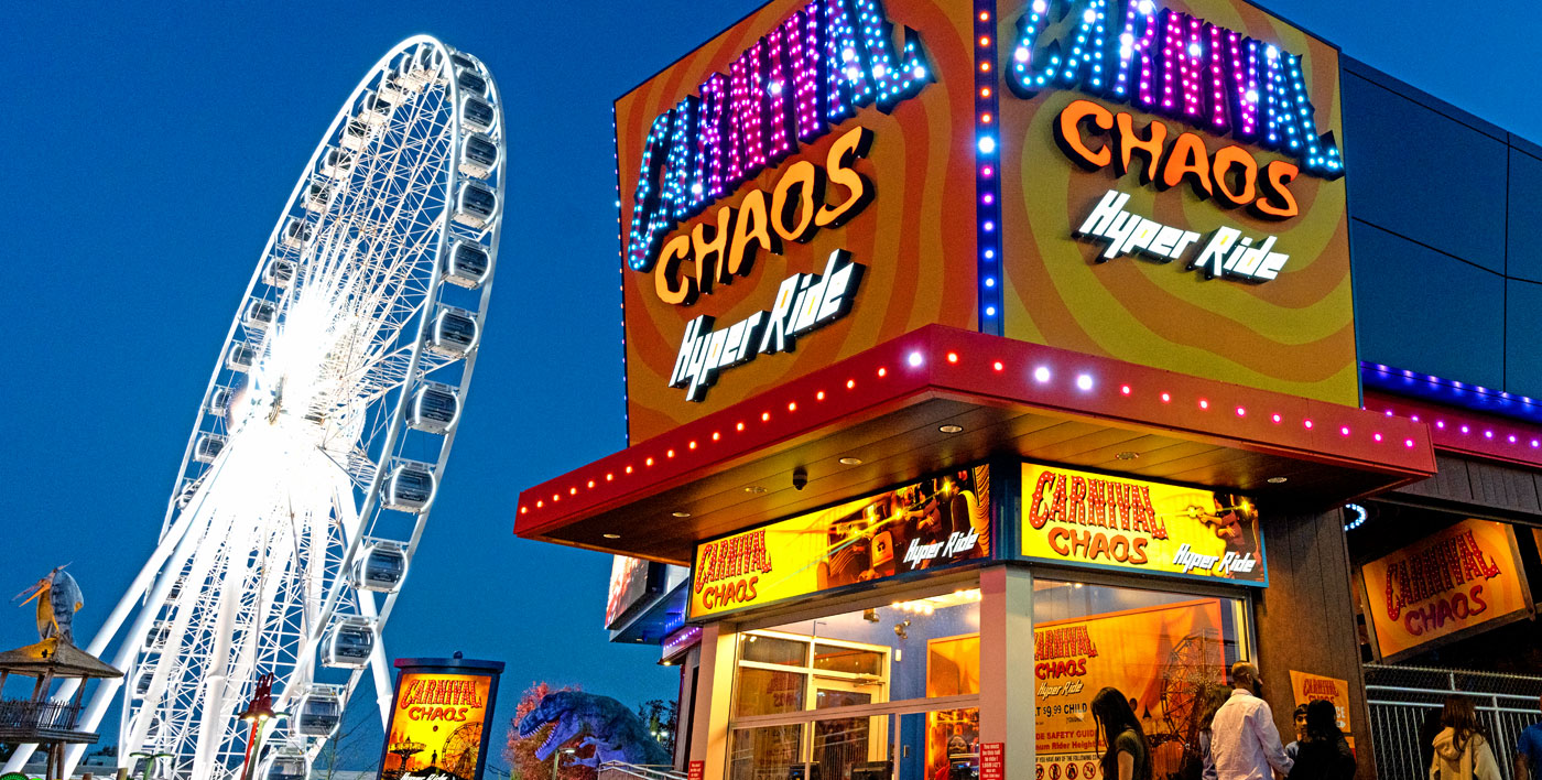 Carnival Chaos Exterior at Night Ground Level