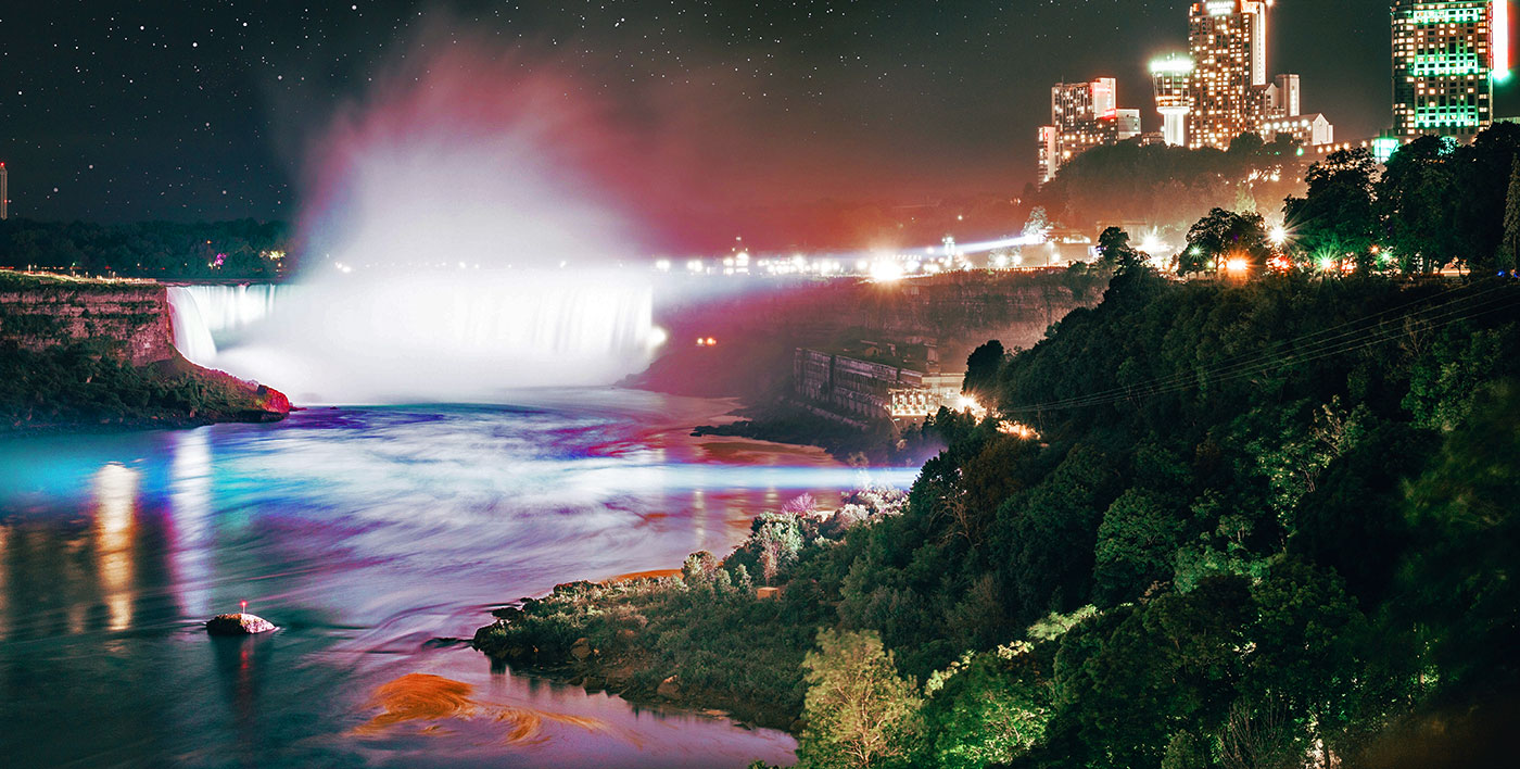 Niagara Falls at night with illumination in background