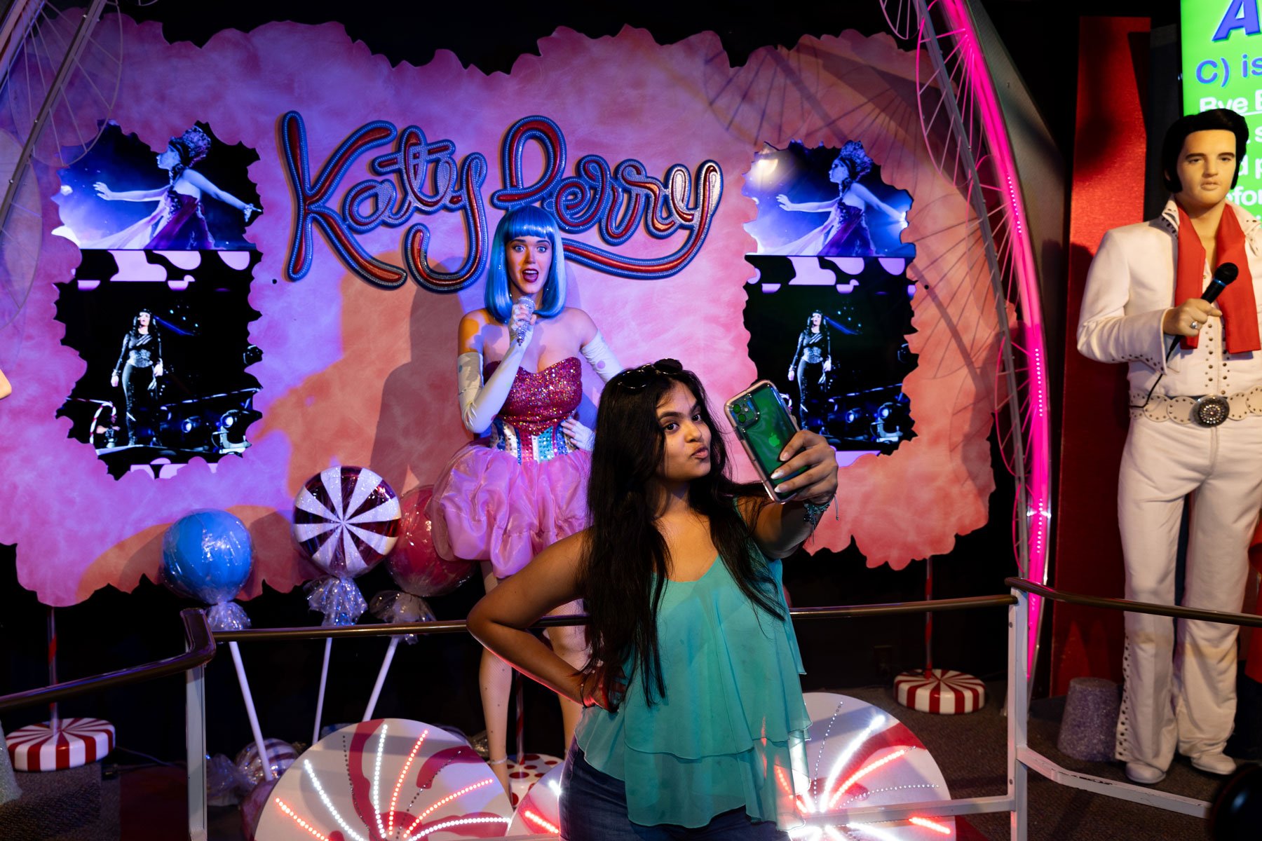 Selfie in front of Katy Perry wax figure inside Movieland