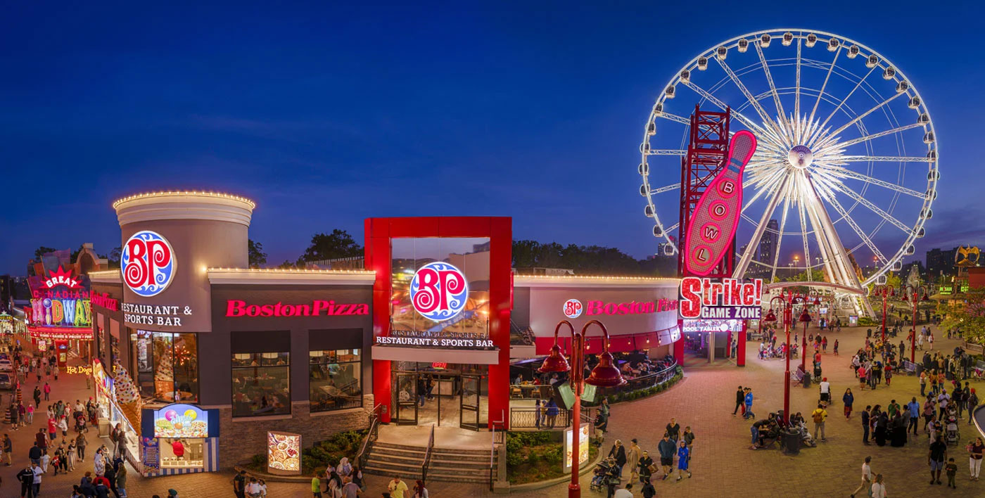 Boston Pizza Clifton Hill Exterior at Dusk