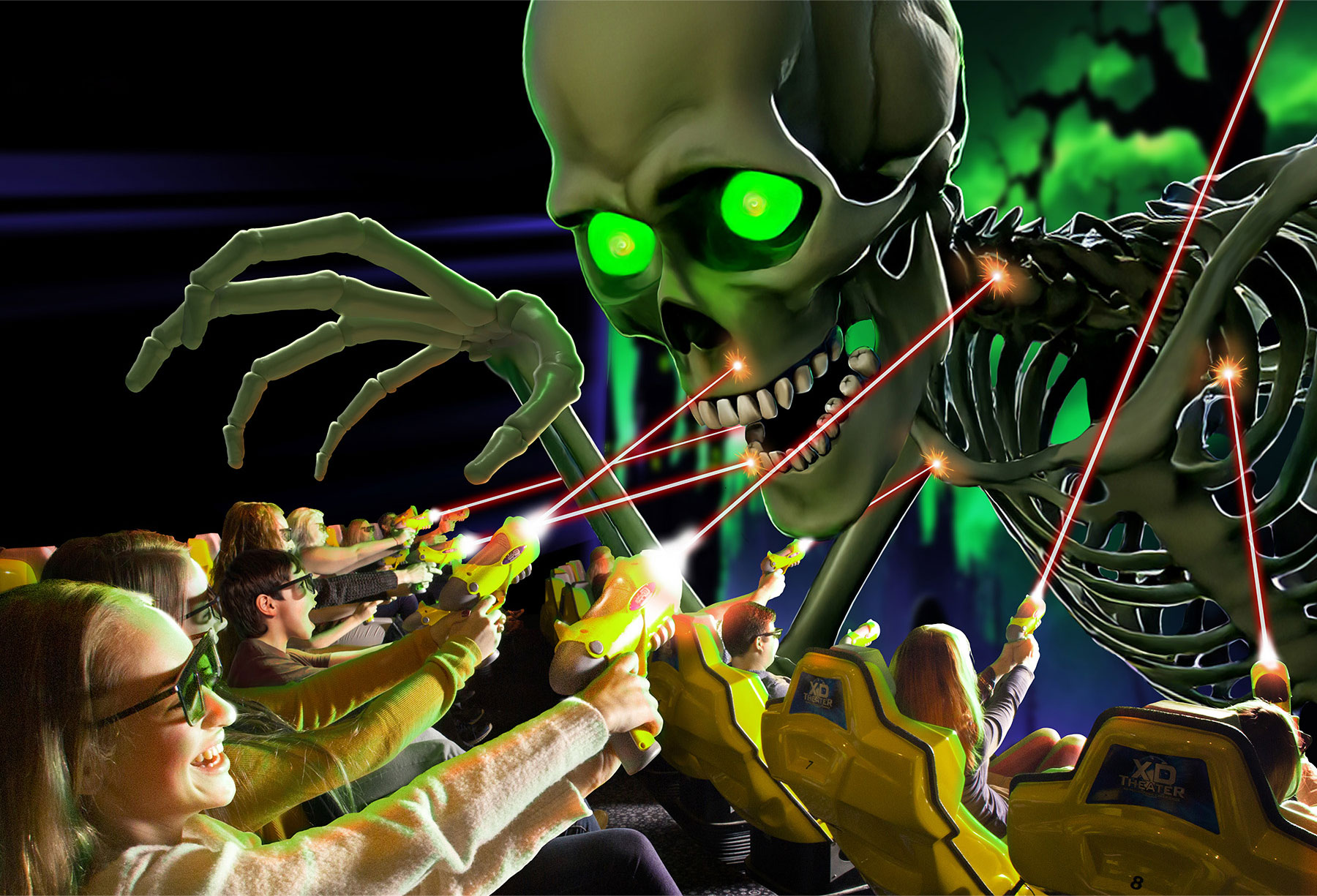 Creepy Castle promo image of theatre with patrons wearing 3D glasses and shooting laser beams at a giant Skeleton