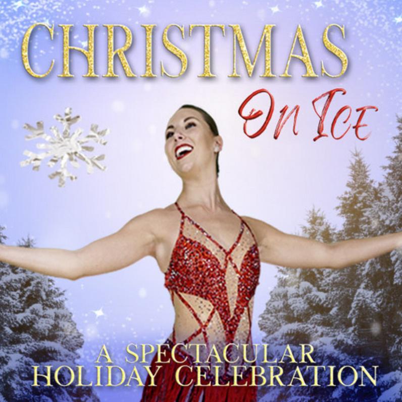 Female skater in a red costume with a winter backdrop