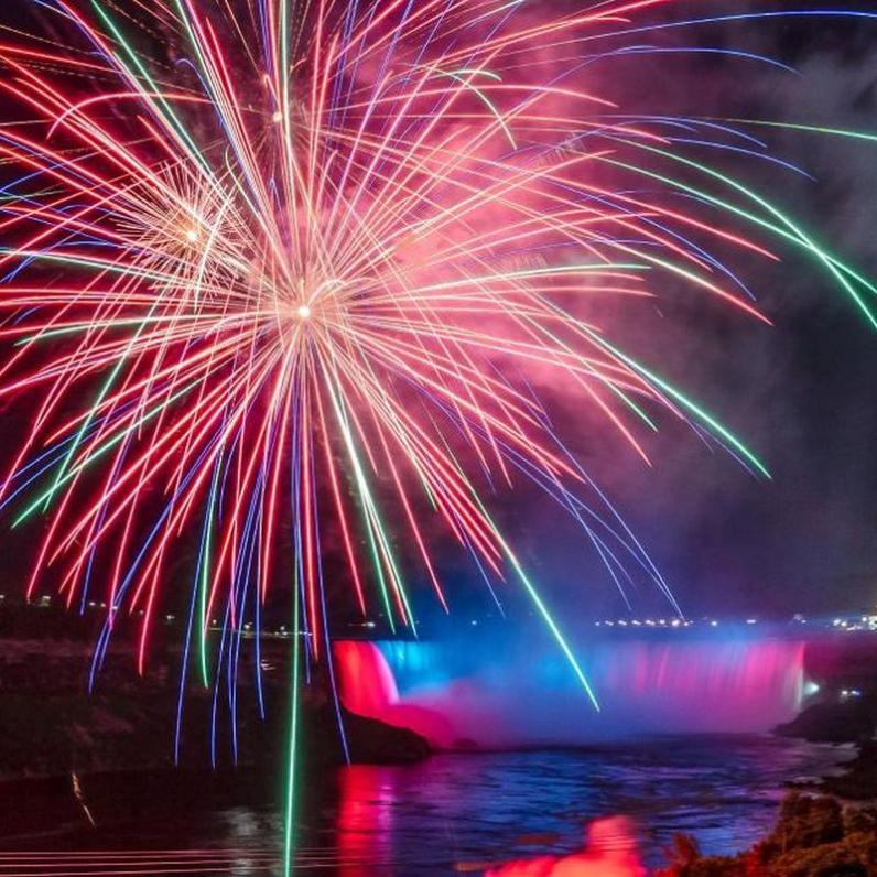 Fireworks with Niagara Falls in the background