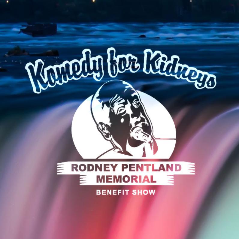 Komedy for Kidneys Promo Logo with illuminated Falls in the background