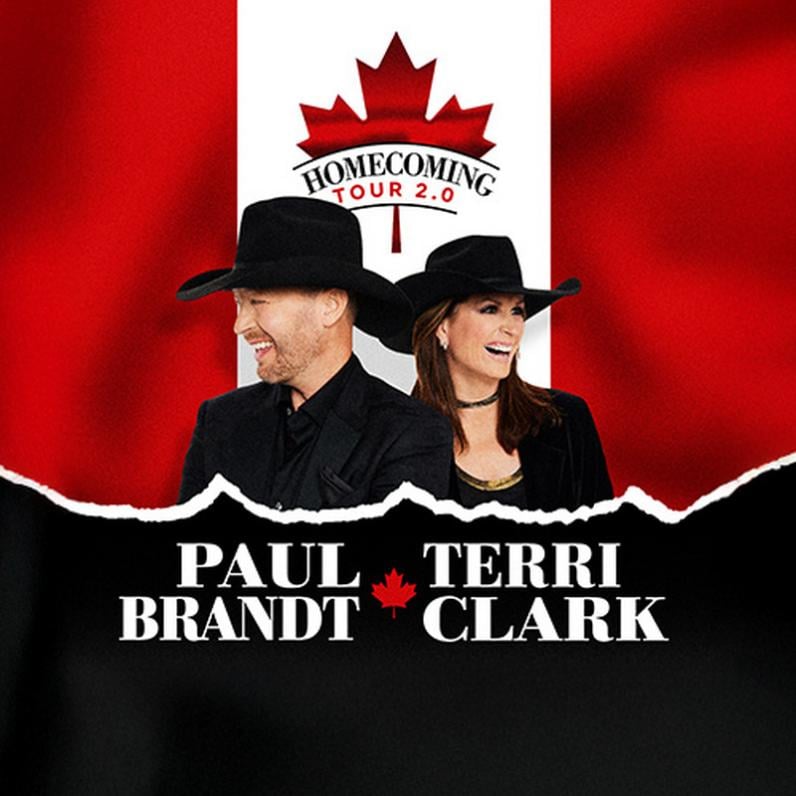 Terry Clark and Paul Brandt both wearing Cowboy hats standing in front of the Canadian flag with big smiles