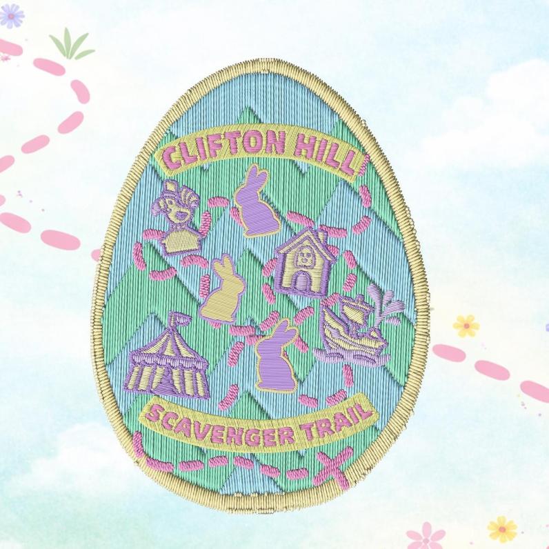 An easter egg patch showcasing a Clifton Hill Savenger Hunt in the stitch work