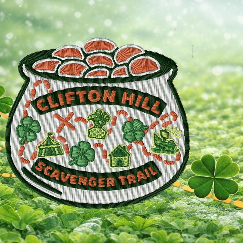 A pot of gold patch showcasing a Clifton Hill Savenger Hunt in the stitch work
