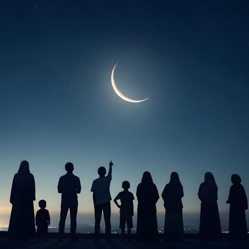 Silhouette of several people standing under a newly sighted crescent moon
