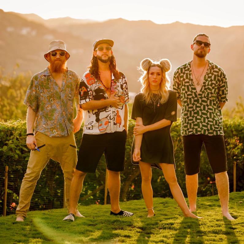 Walk off the Earth bandmembers standing on the grass with mountains in the background