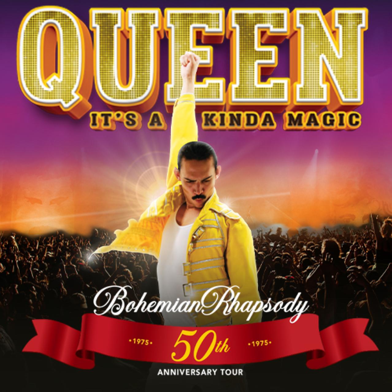 Queen, Its a Kinda Magic promotional poster with a man in a yellow jacket