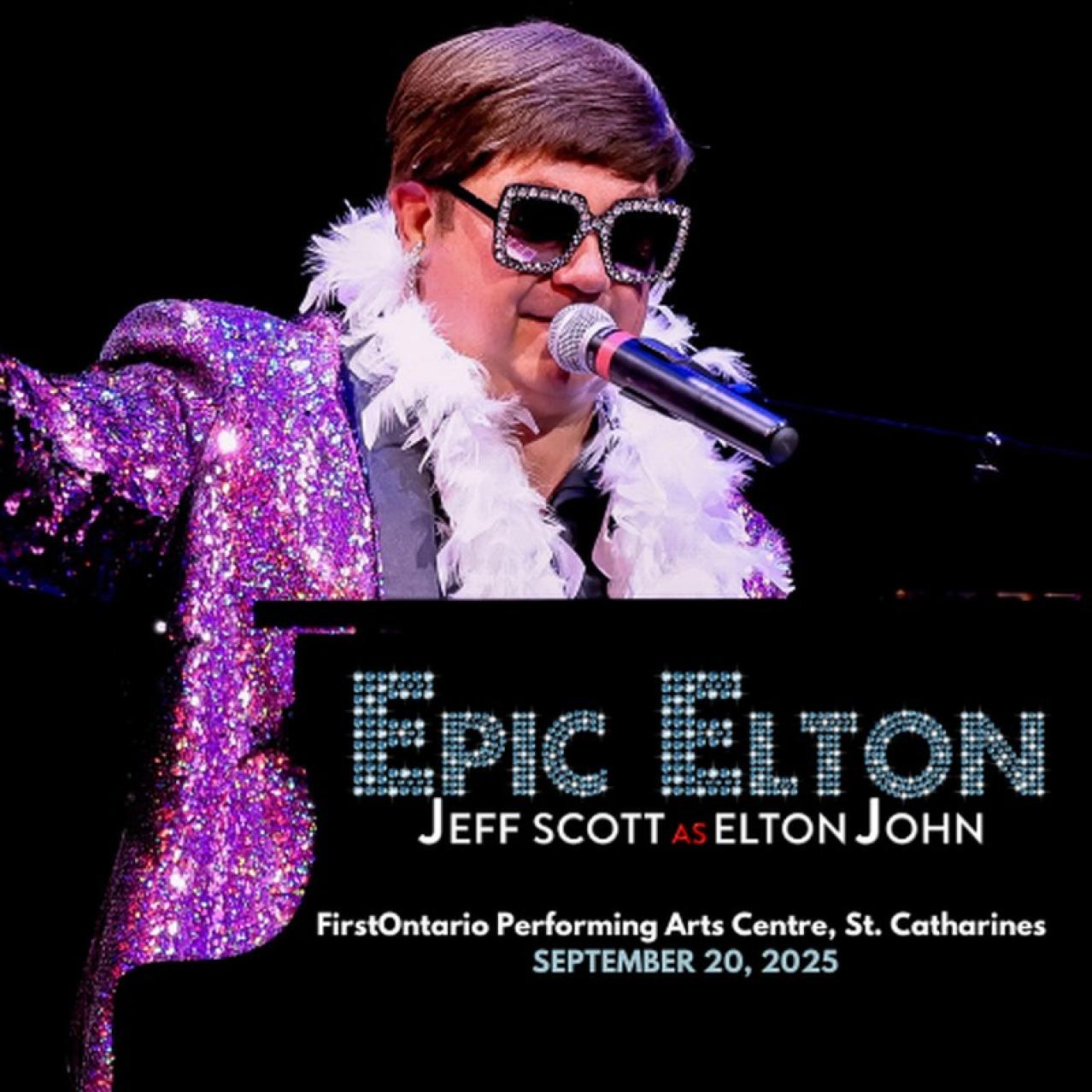 Elton John Impersonator sitting wearing glasses with his mouth to the microphone
