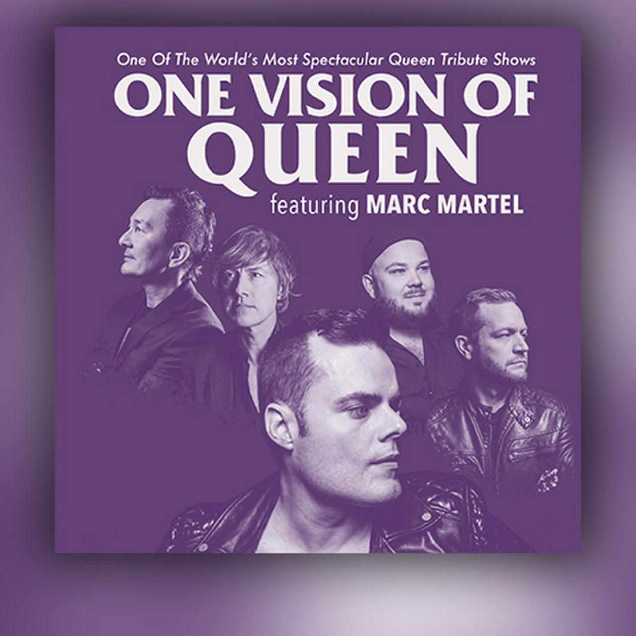 Close up of Marc Martel with his band members behind him