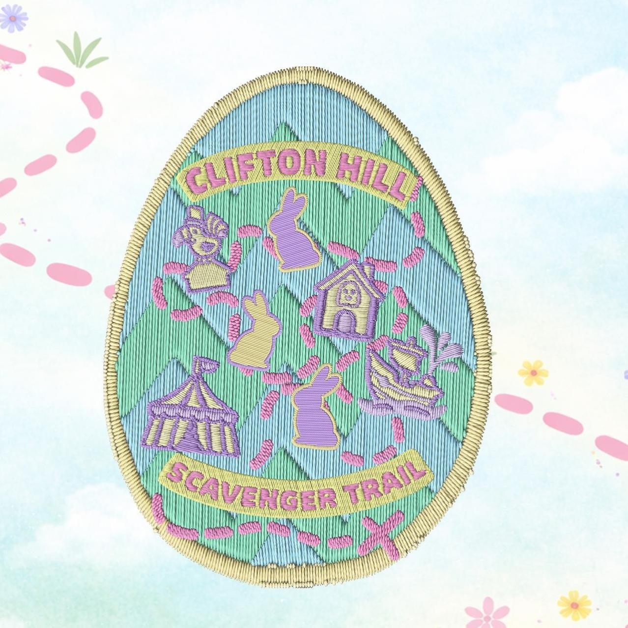 An easter egg patch showcasing a Clifton Hill Savenger Hunt in the stitch work
