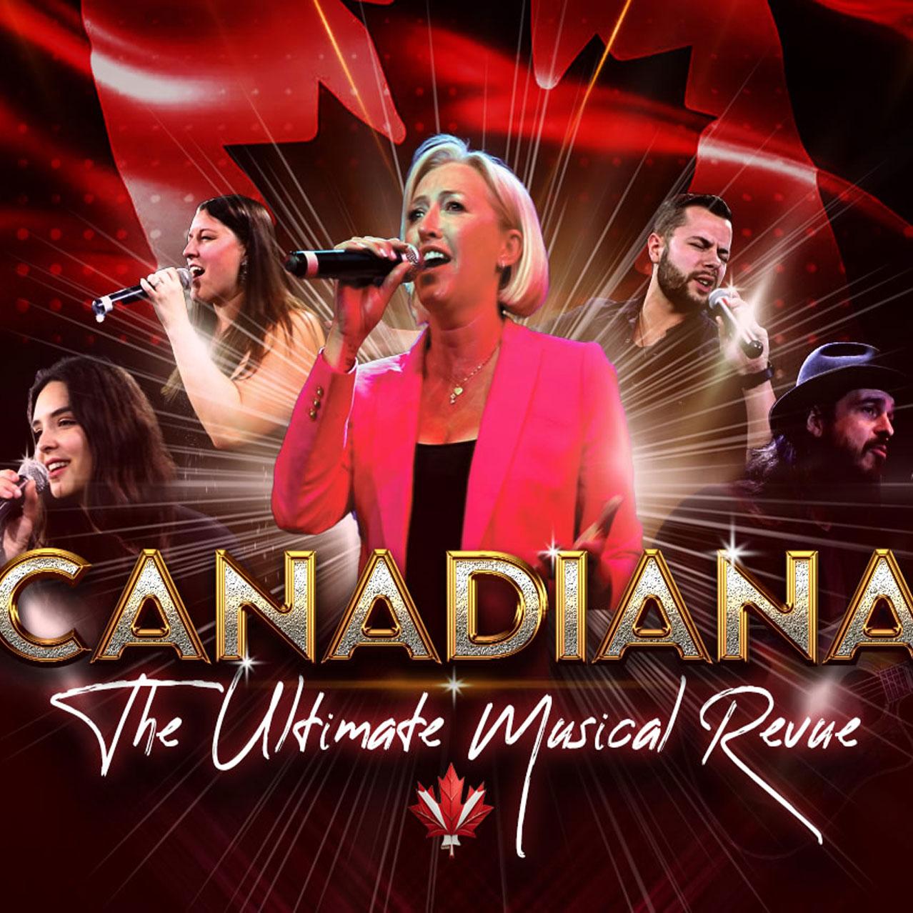 5 singers holding microphones with a red maple leaf backdrop 