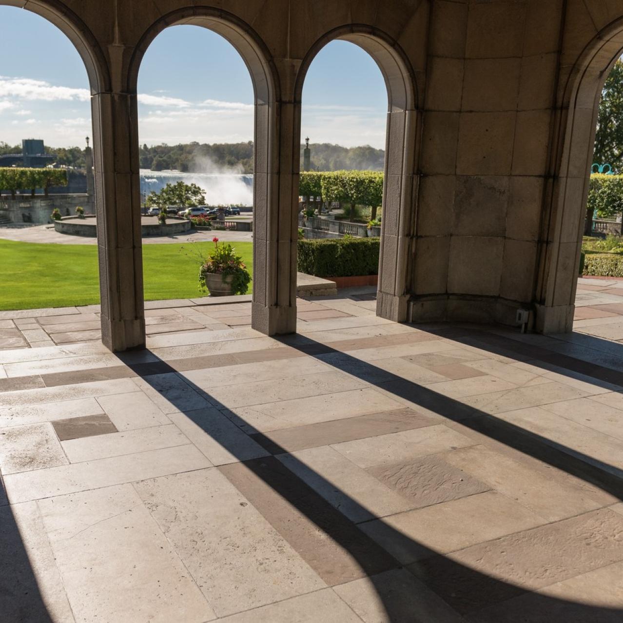 Image of Oakes Garden Theatre from inside the pergola on a sunny day