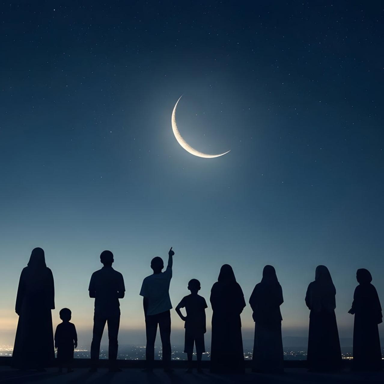 Silhouette of several people standing under a newly sighted crescent moon
