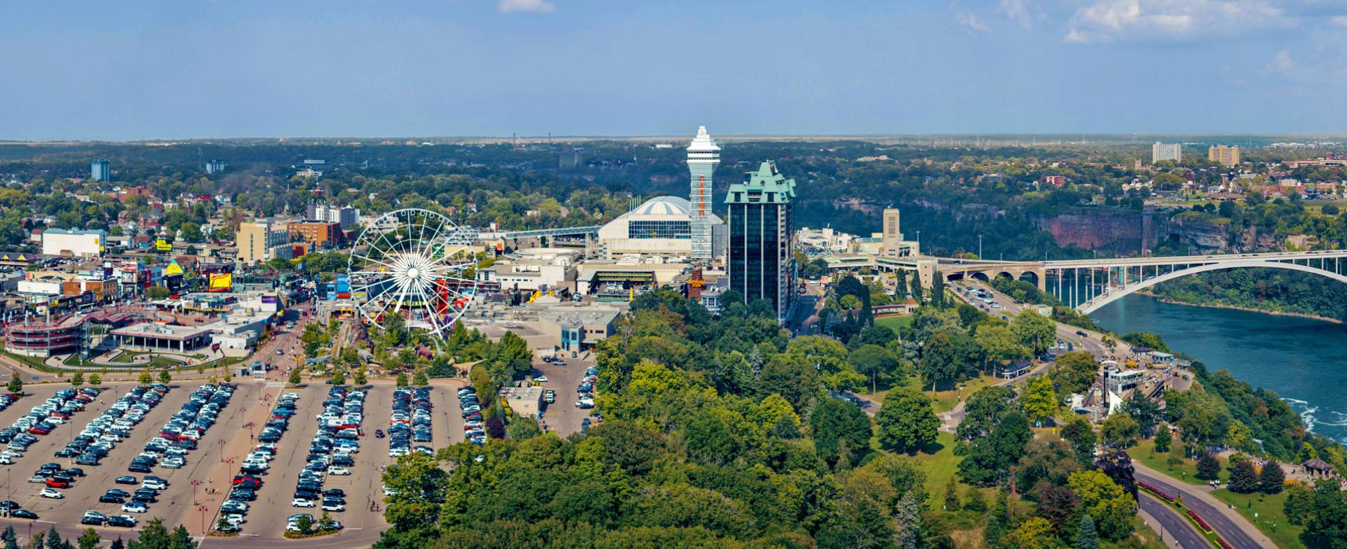 Clifton Hill Aerial of Parking showing Queen Victoria Park, Niagara parkway and the Niagara river. 